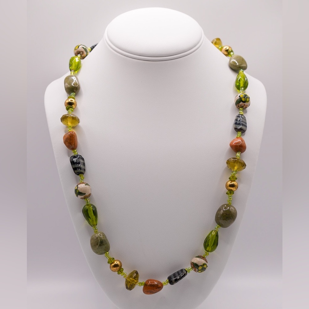 Vintage Green Necklace- with Mixed Glass Beads and Stones